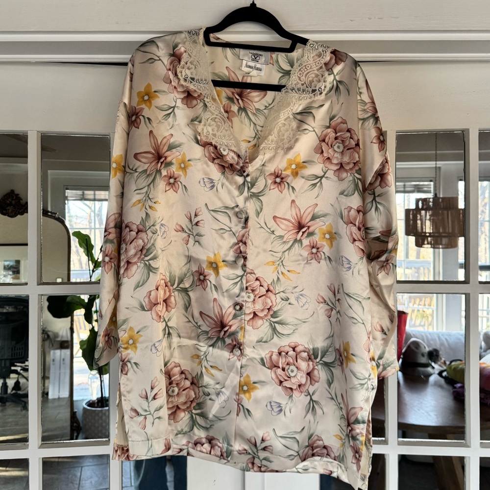 Vintage Valentino Intimo x Neiman Marcus Floral Satin Blouse with Lace Trim